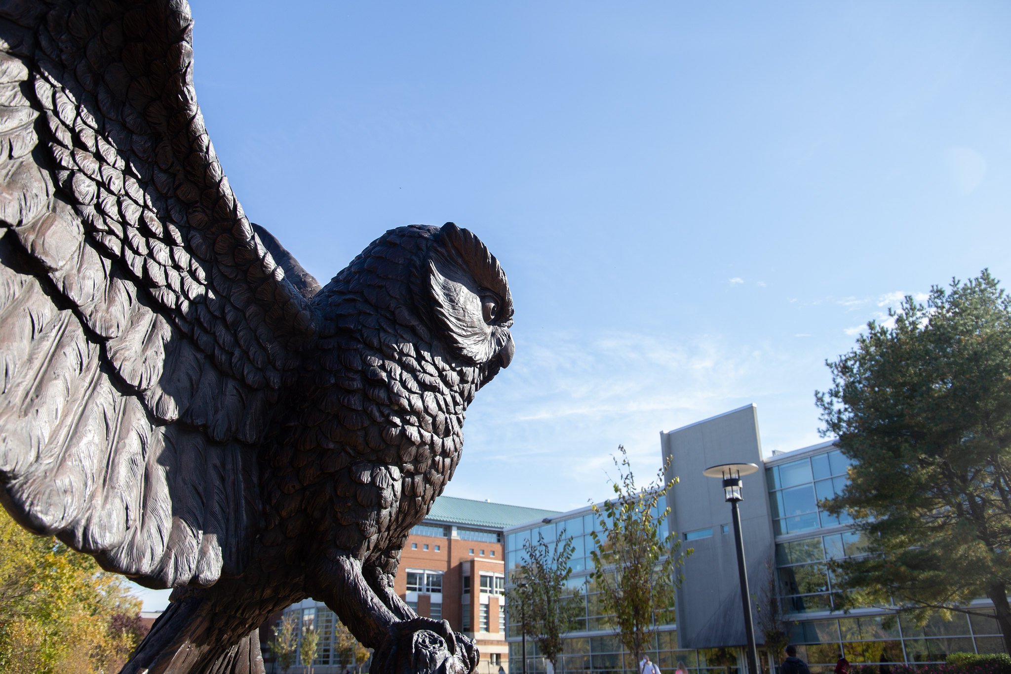 Rowan mascot owl statue overlooking campus with blue sky in background