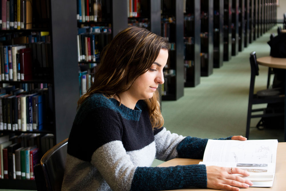 a student studies in the library